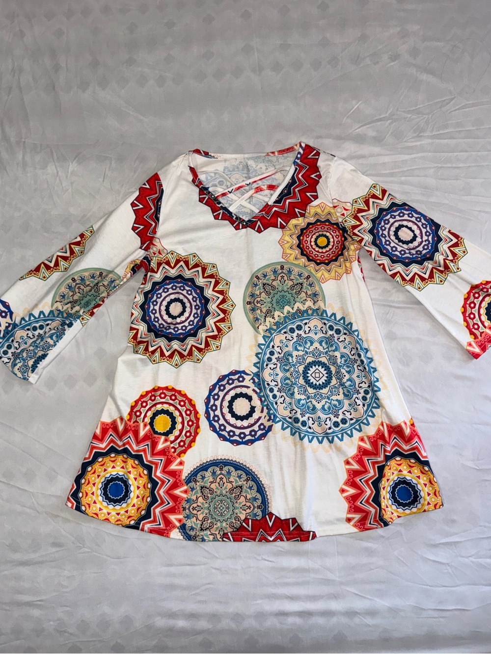 Boho Medallion V-Neck Women's Top in White with Multicolor Print